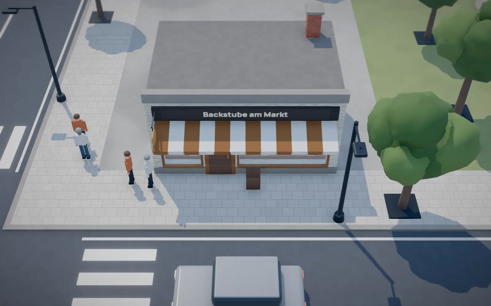 A bakery with a striped awning on the market square, passers-by in front