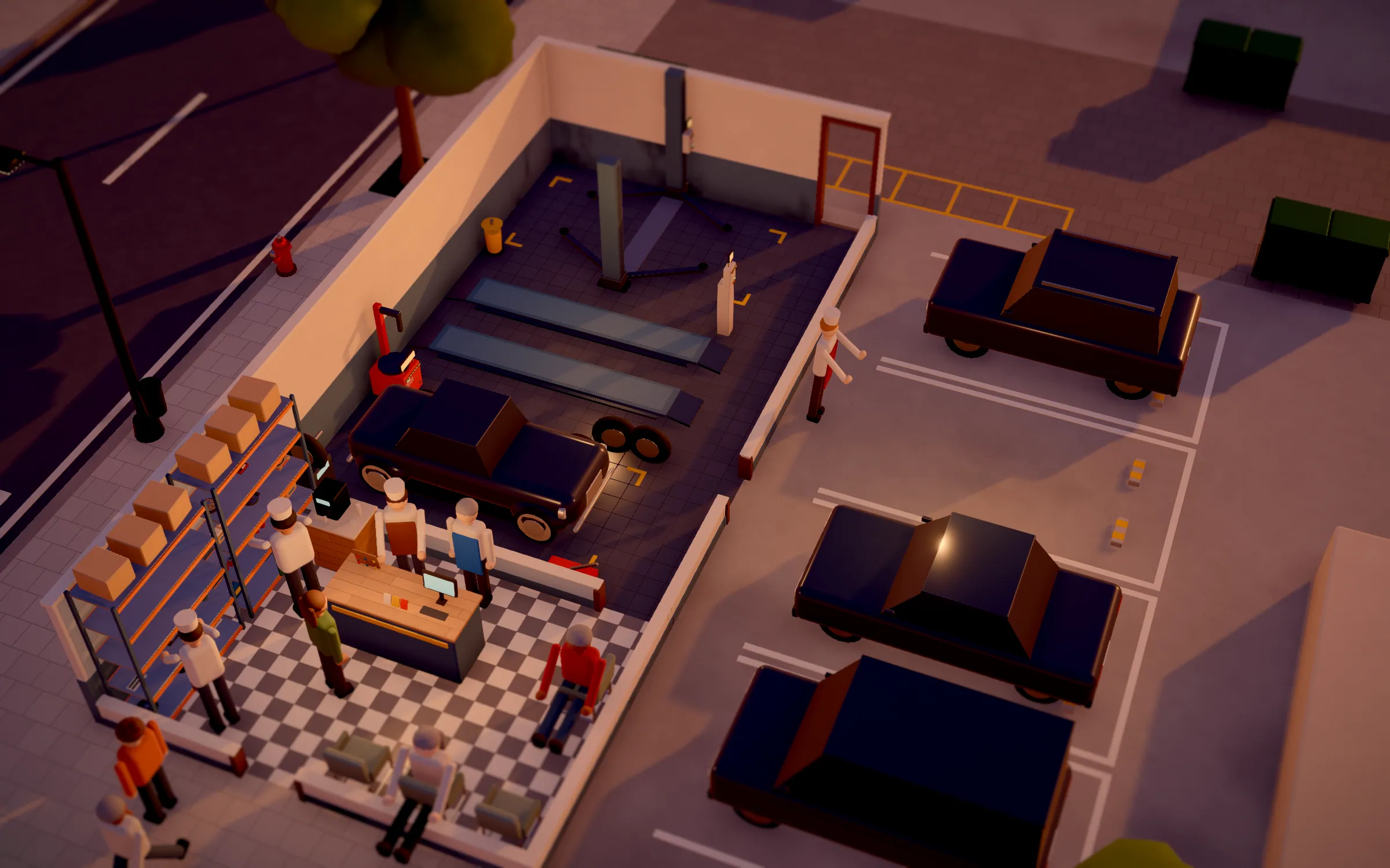 Car repair shop from above with lifts, cars in the yard and a reception