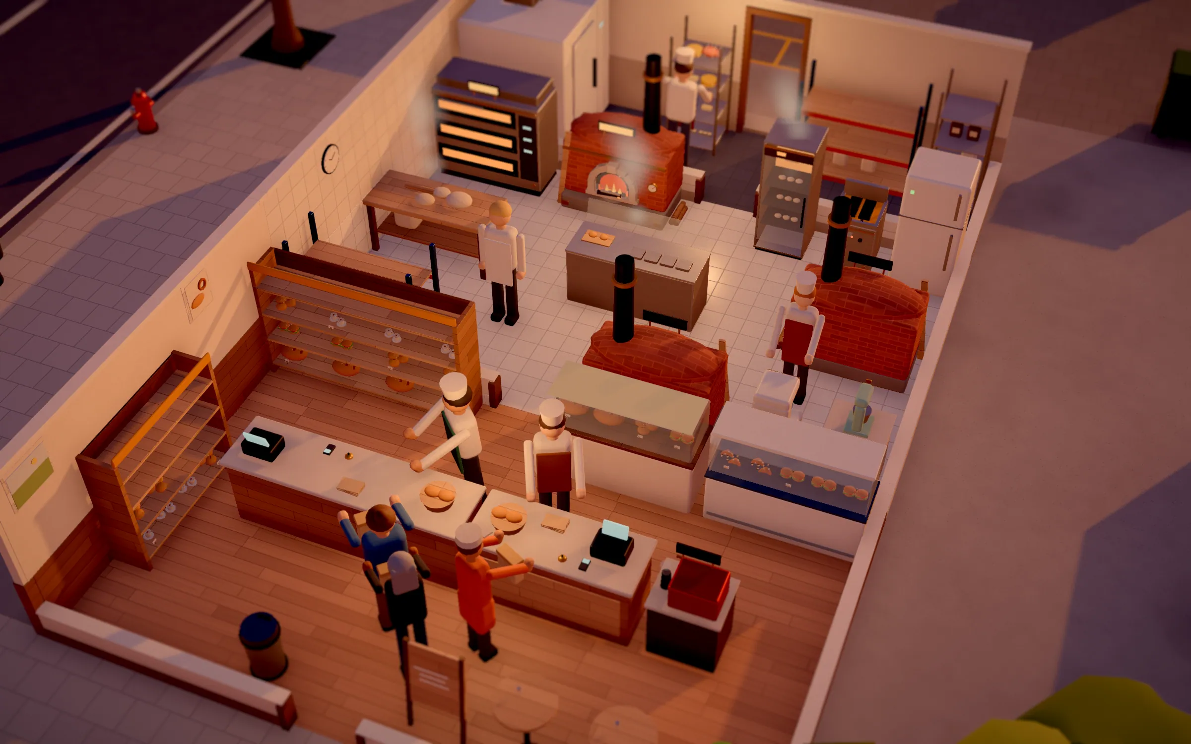 Bakery from above with counter, shelves full of baked goods, customers and a bakehouse with ovens