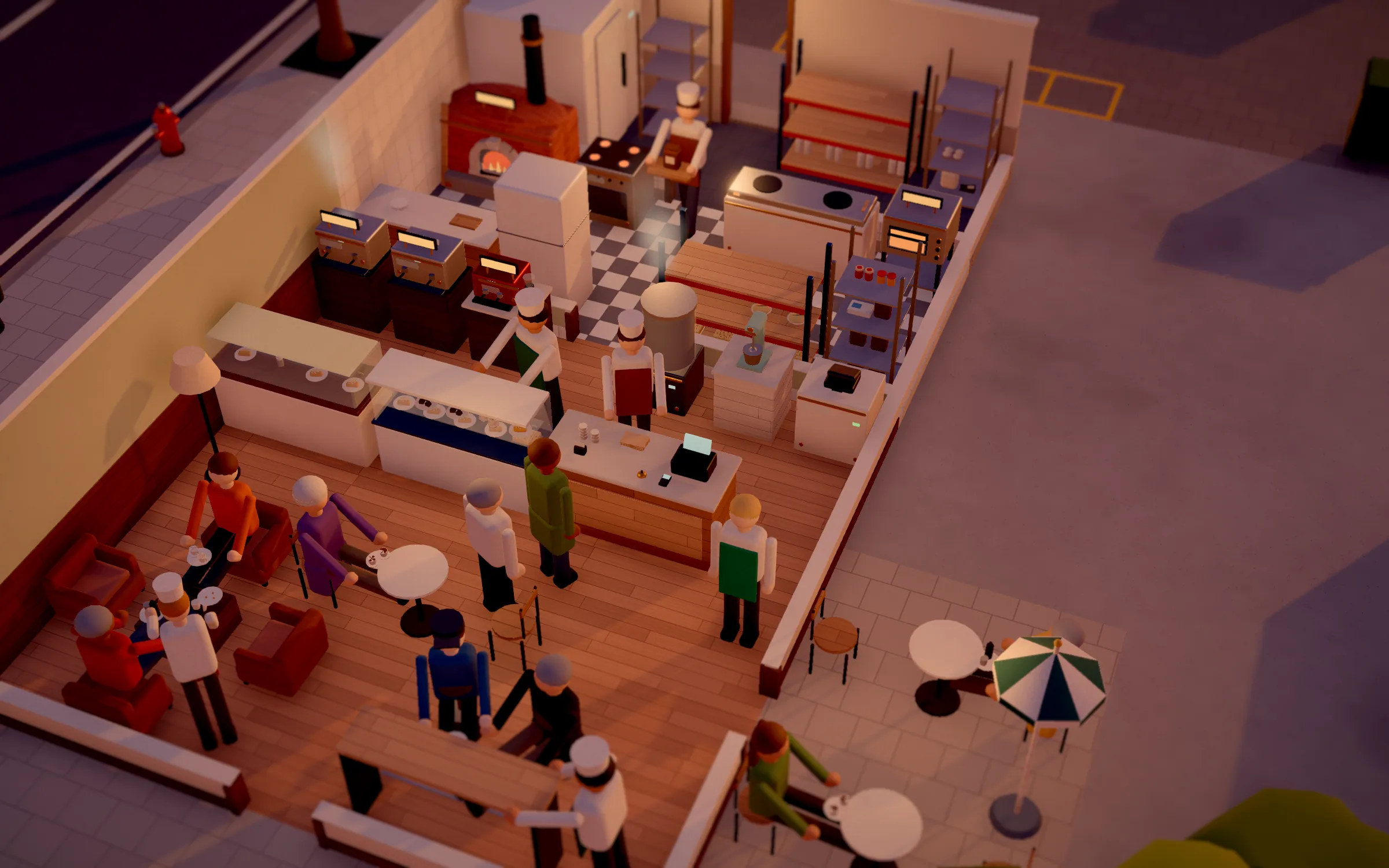Café from above with counter, coffee bar and guests at small tables