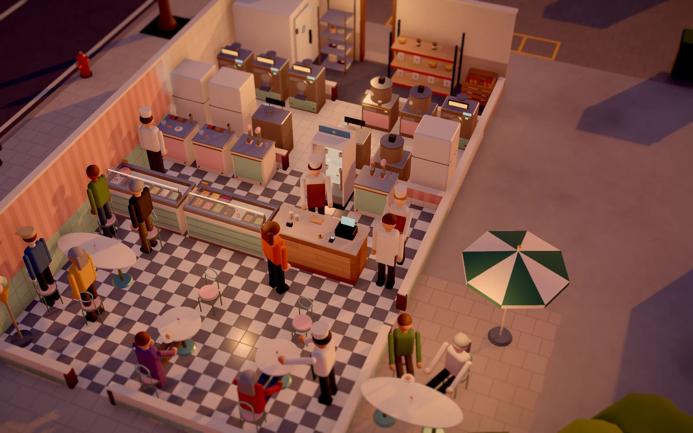 Ice cream parlour from above with a display full of flavours, counter and tables