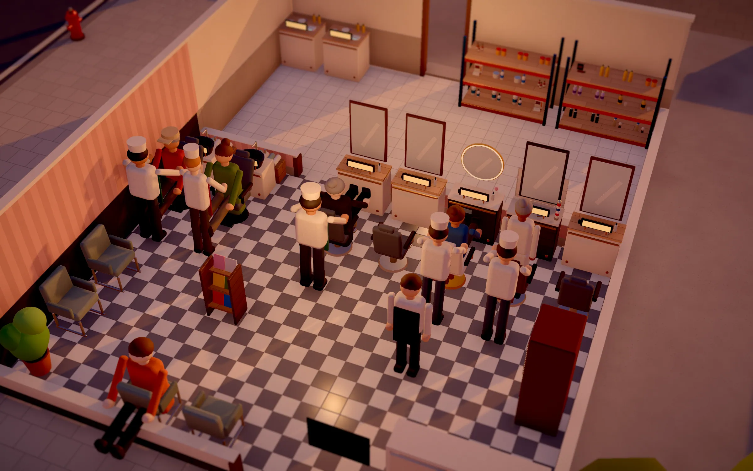 Hair salon from above with chairs in front of mirrors, wash basins and a waiting area