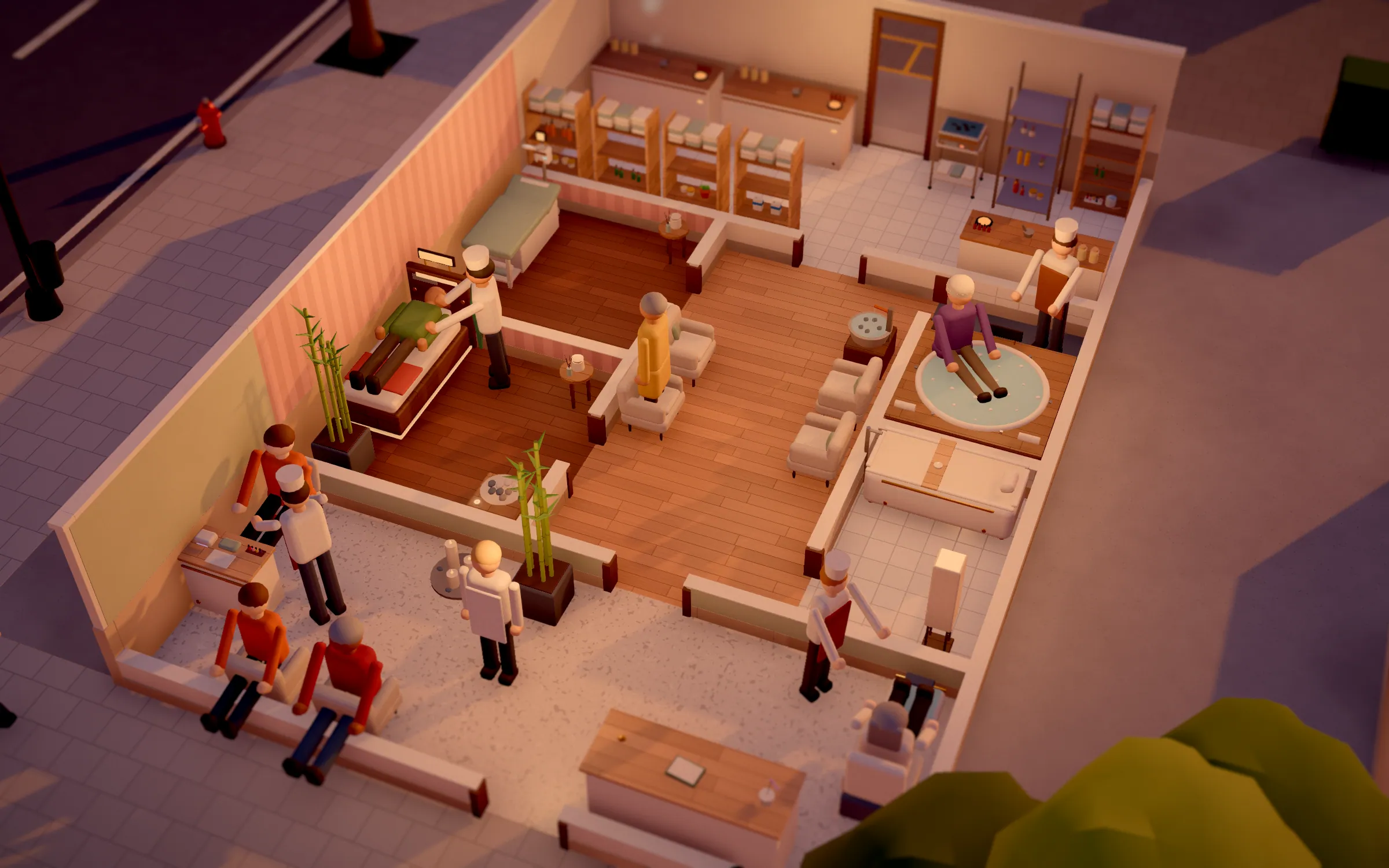Beauty salon from above with reception and small treatment rooms with couches