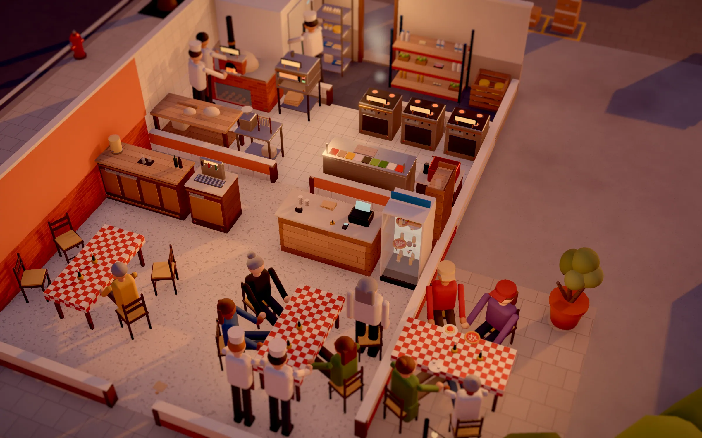 Pizzeria from above with wood-fired oven, kitchen, bar and guests at checked tables