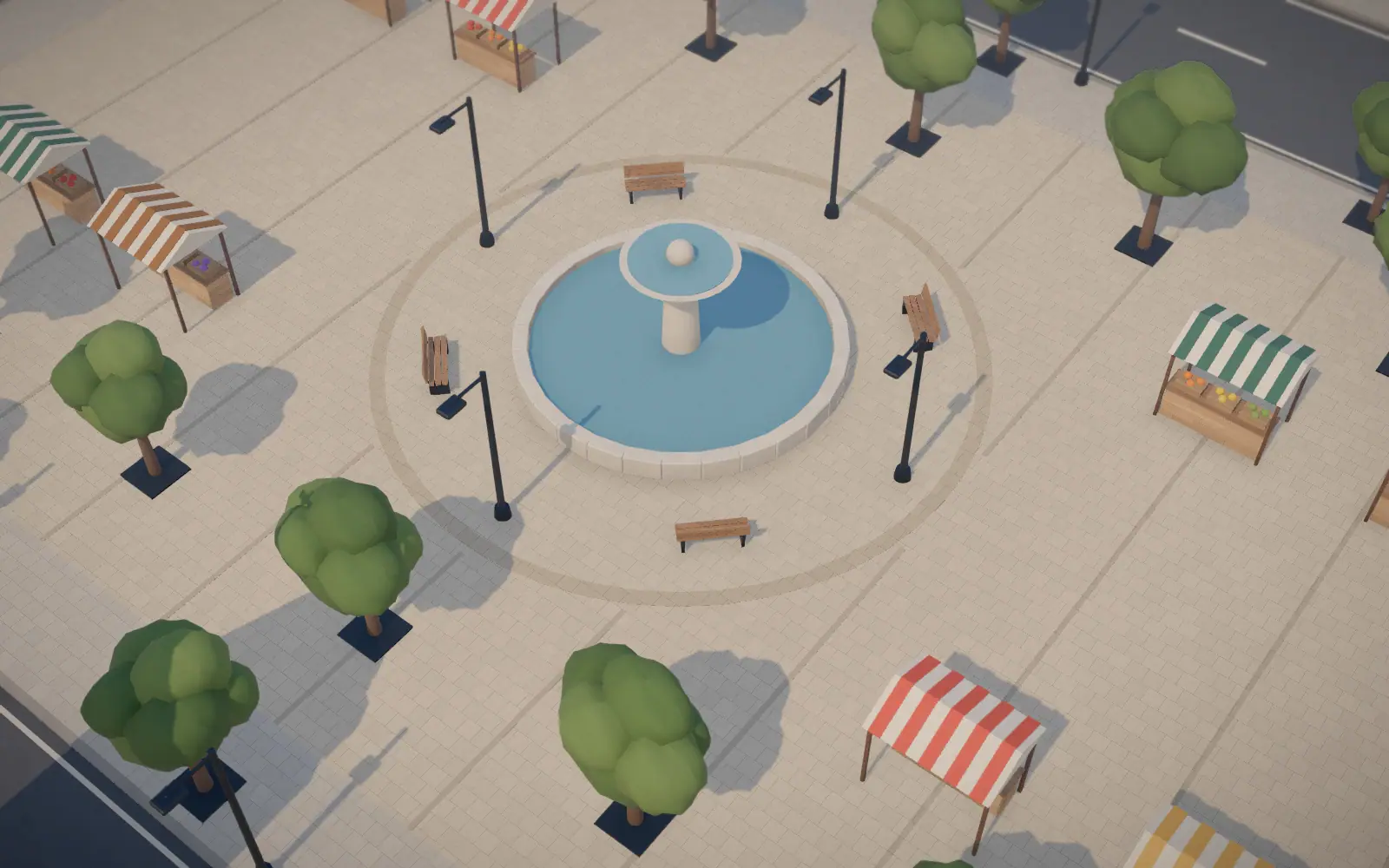 Market square with fountain, trees and striped market stalls