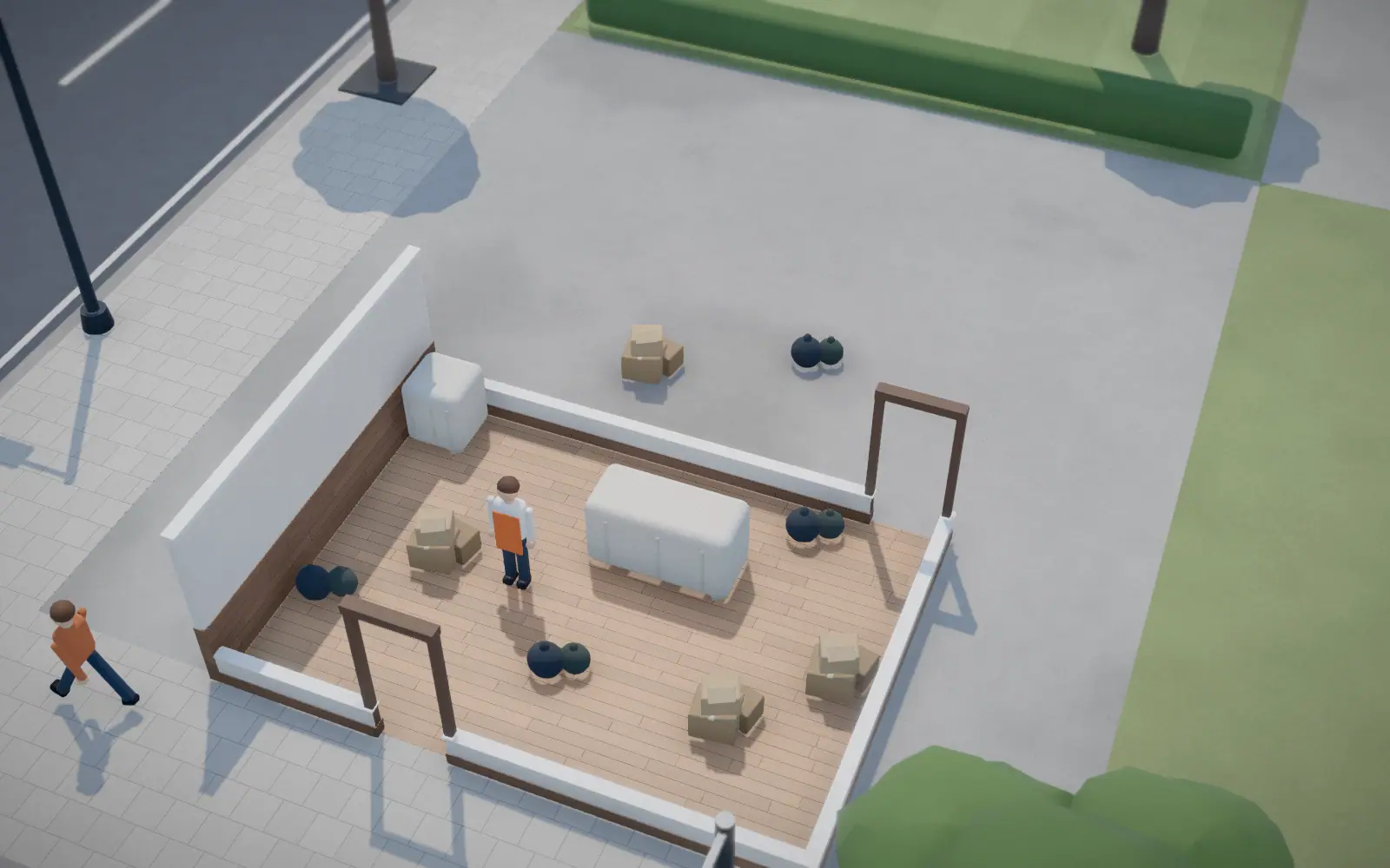 A small shop from above: bare floorboards, boxes, rubbish bags and a covered counter