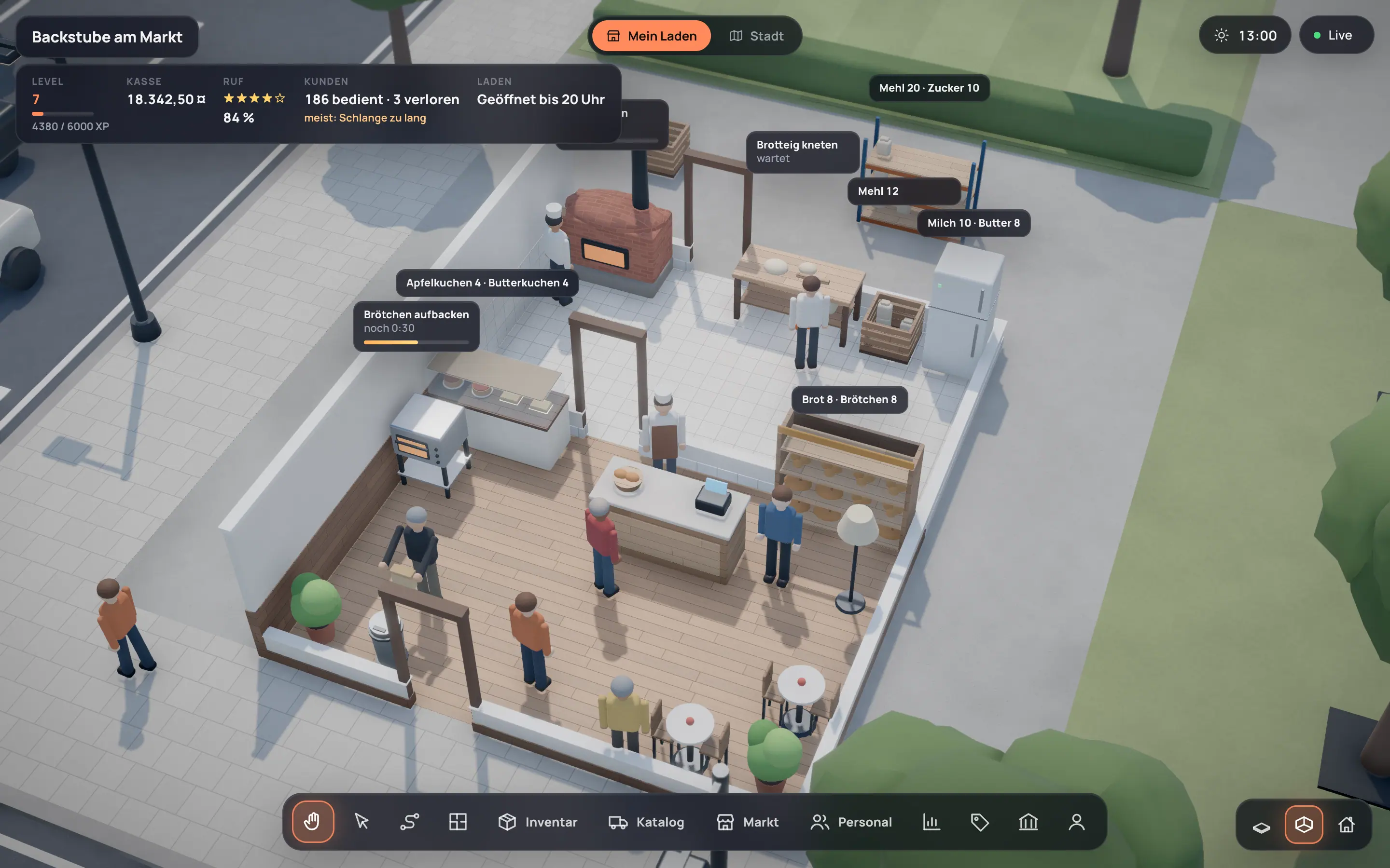 Game view of a business with cash, reputation, customer count and labels at every station