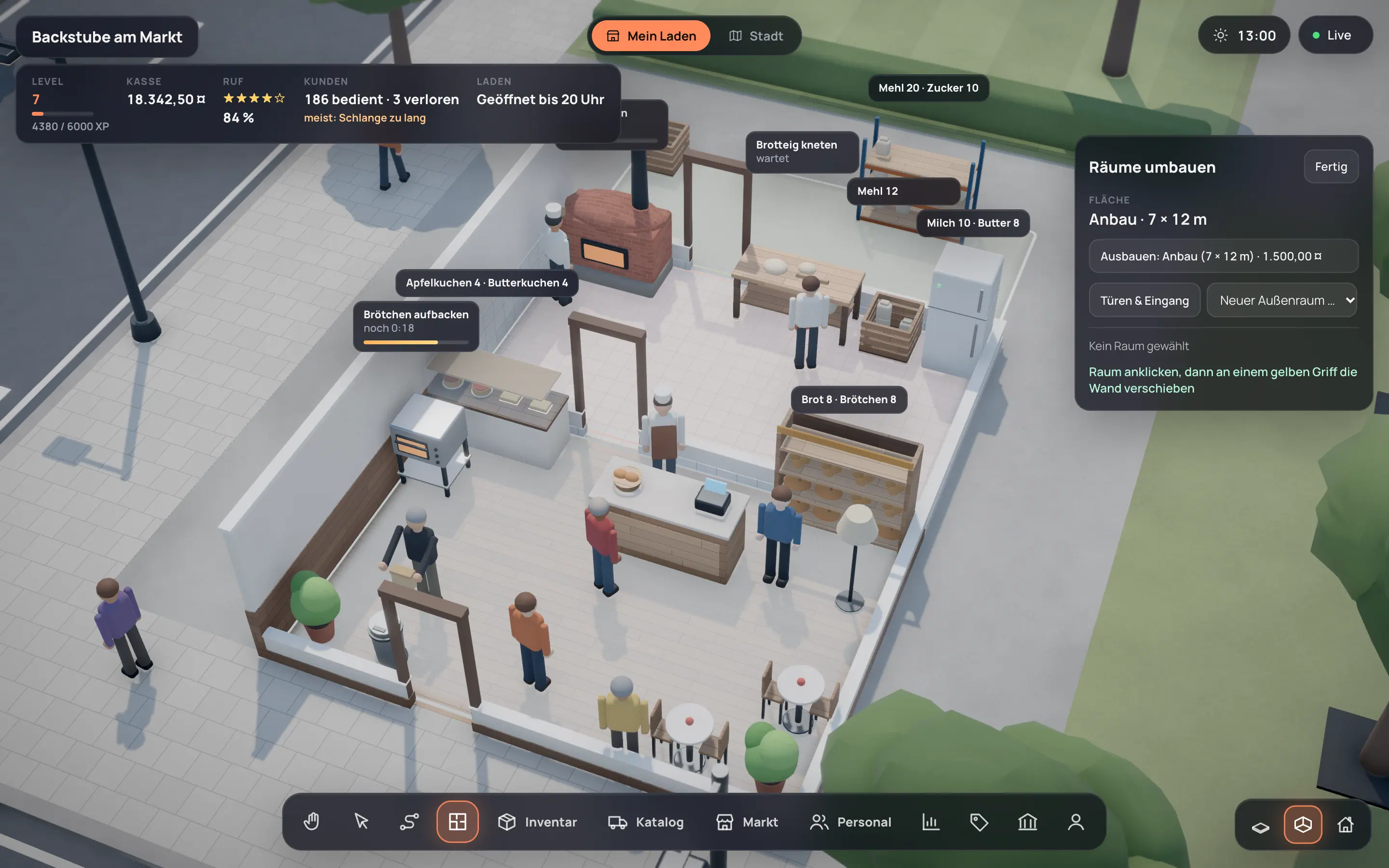 In-game room editor: floor plan of a business with sales floor, production and yard