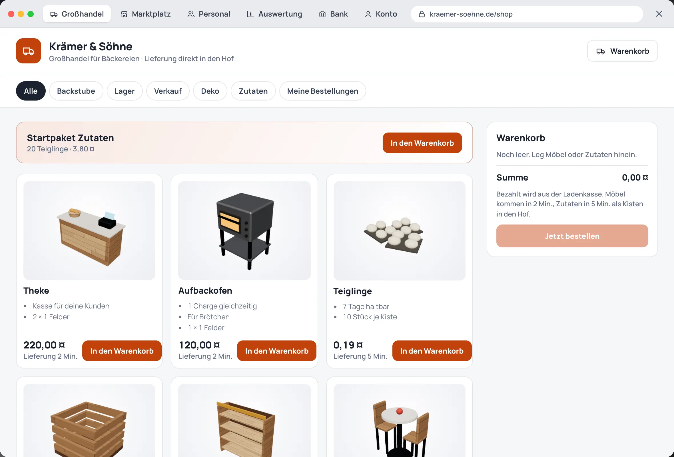 The in-game wholesaler web shop with counter, bake-off oven and dough pieces