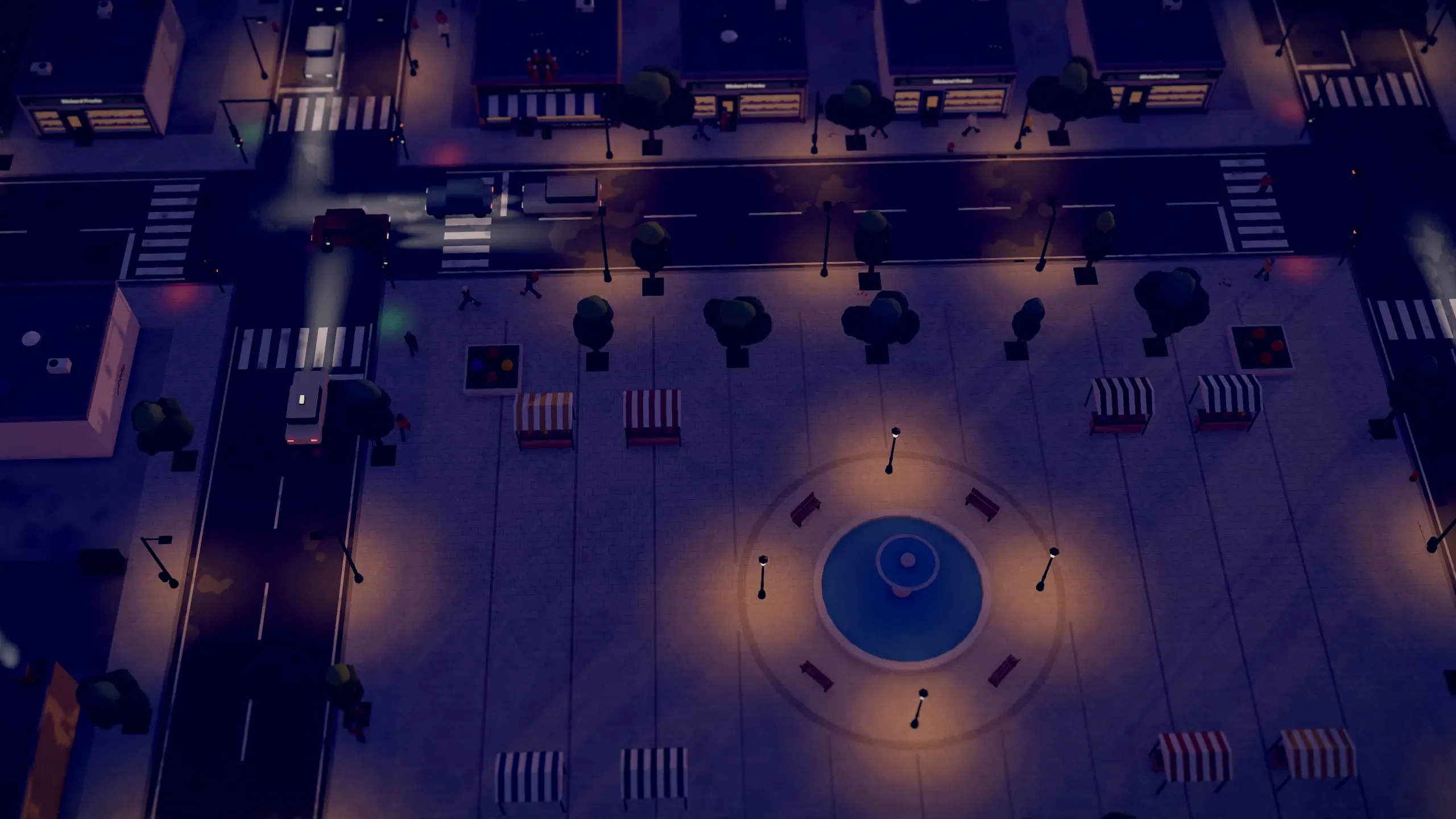 Flight over the town at blue hour: market square with fountain, street lamps, lit shops and traffic